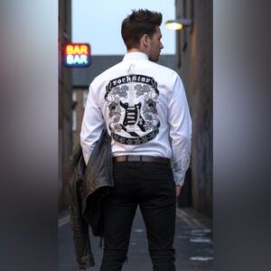 “V” - Mens White Rockstar Embroidered Long Sleeve Button Down Shirt